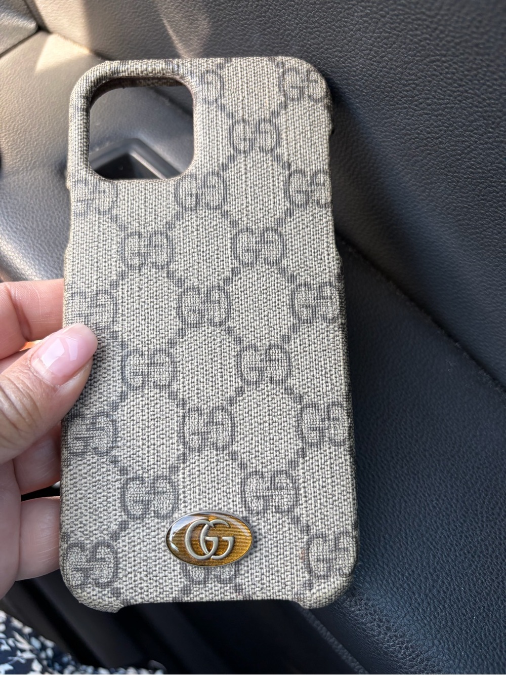 Gucci Beige Monogram Canvas Phone Case with Gold GG Emblem
